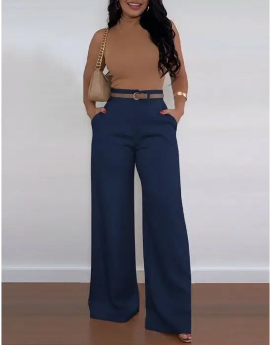 Kadın Yüksek Bel Geniş Paça Detaylı Cepli Ithal Krep Pantolon