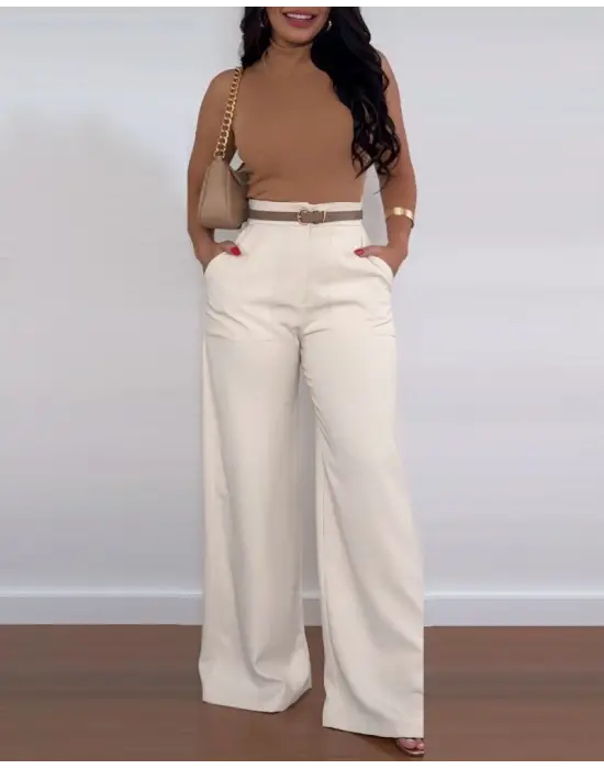 Kadın Yüksek Bel Geniş Paça Detaylı Cepli Ithal Krep Pantolon