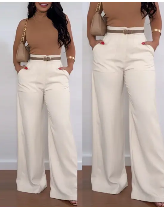 Kadın Yüksek Bel Geniş Paça Detaylı Cepli Ithal Krep Pantolon