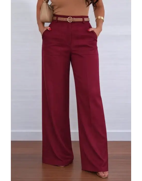 Kadın Yüksek Bel Geniş Paça Detaylı Cepli Ithal Krep Pantolon