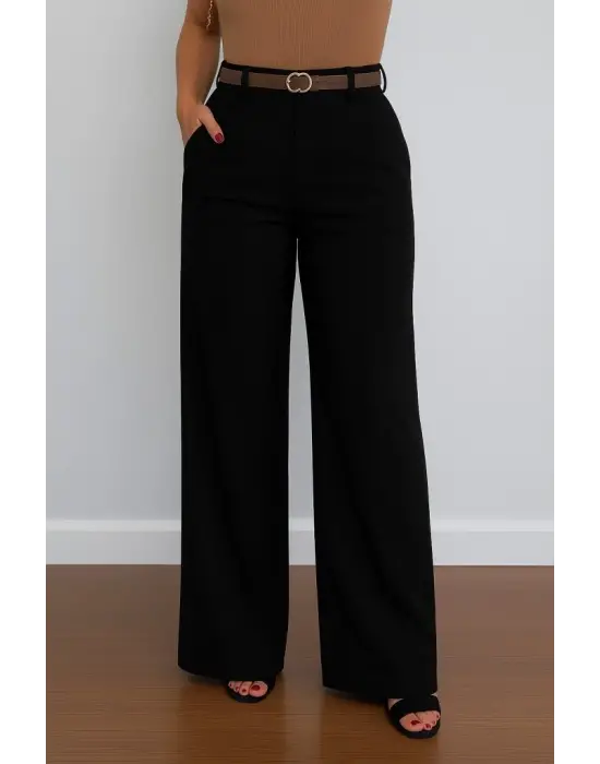 Kadın Yüksek Bel Geniş Paça Detaylı Cepli Ithal Krep Pantolon