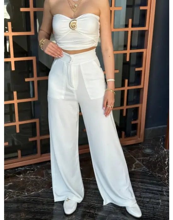 Kadın Yüksek Bel Geniş Paça Detaylı Cepli Ithal Krep Pantolon