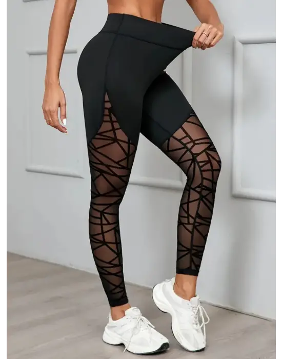 Kadın Yüksek Bel Geometrik Desen File Detaylı Dalgıç Tayt