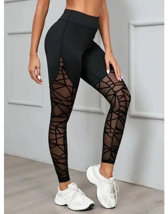 Kadın Yüksek Bel Geometrik Desen File Detaylı Dalgıç Tayt