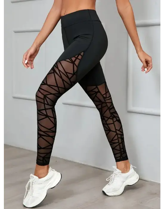 Kadın Yüksek Bel Geometrik Desen File Detaylı Dalgıç Tayt