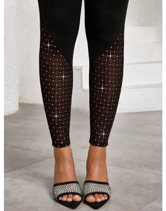 Kadın Yüksek Bel ışıltılı Tül Geometrik Detaylı Dalgıç Tayt