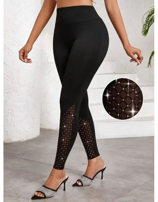 Kadın Yüksek Bel ışıltılı Tül Geometrik Detaylı Dalgıç Tayt