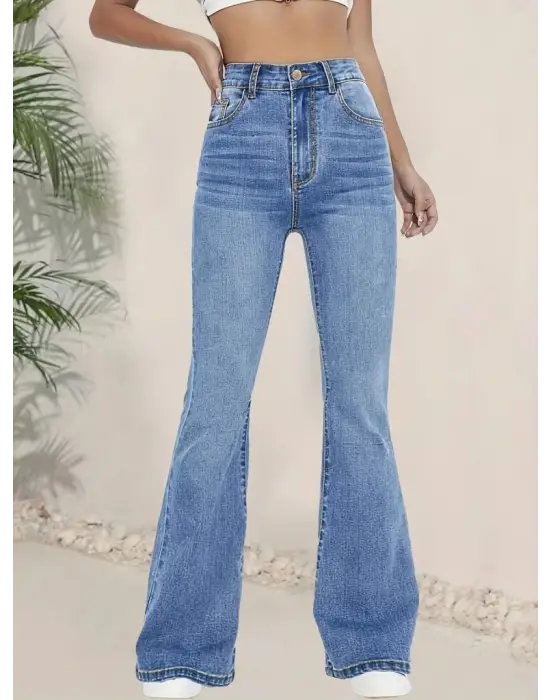 Kadın Yüksek Bel İspanyol Paça Kot Pantolon