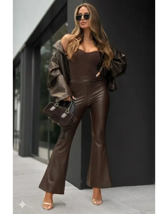 Kadın Yüksek Bel İspanyol Paçalı Deri Pantolon