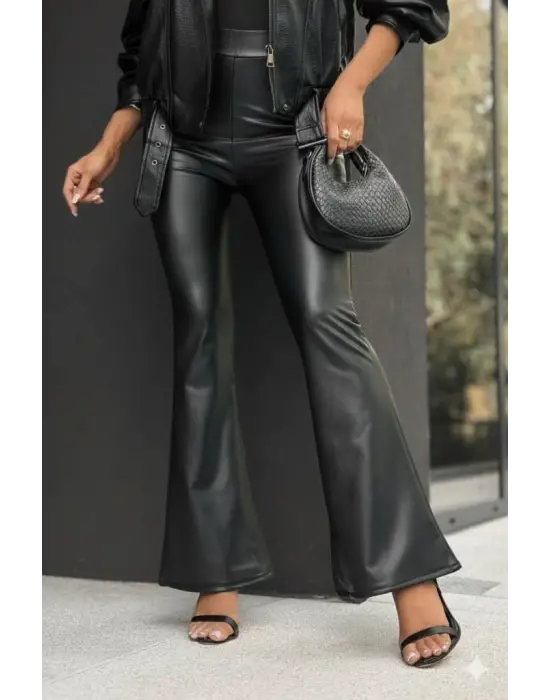 Kadın Yüksek Bel İspanyol Paçalı Deri Pantolon