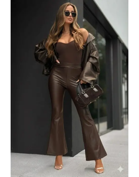 Kadın Yüksek Bel İspanyol Paçalı Deri Pantolon