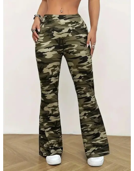 Trend Kamuflaj Desenli Yüksek Bel Tayt
