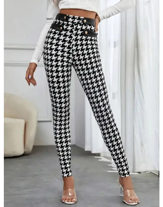 Kadın Kaz Ayağı Desenli Düğme Detaylı Pantolon