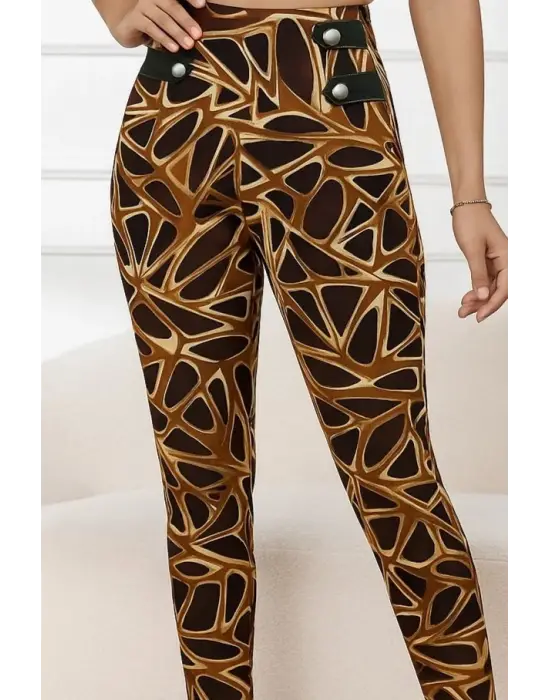 Kadın Yüksek Bel Kaz Ayağı Desenli Yan şerit Düğme Detaylı Dalgıç Pantolon