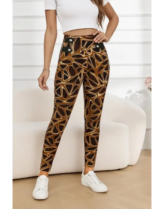 Kadın Yüksek Bel Kaz Ayağı Desenli Yan şerit Düğme Detaylı Dalgıç Pantolon