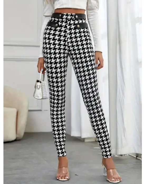 Kadın Kaz Ayağı Desenli Düğme Detaylı Pantolon