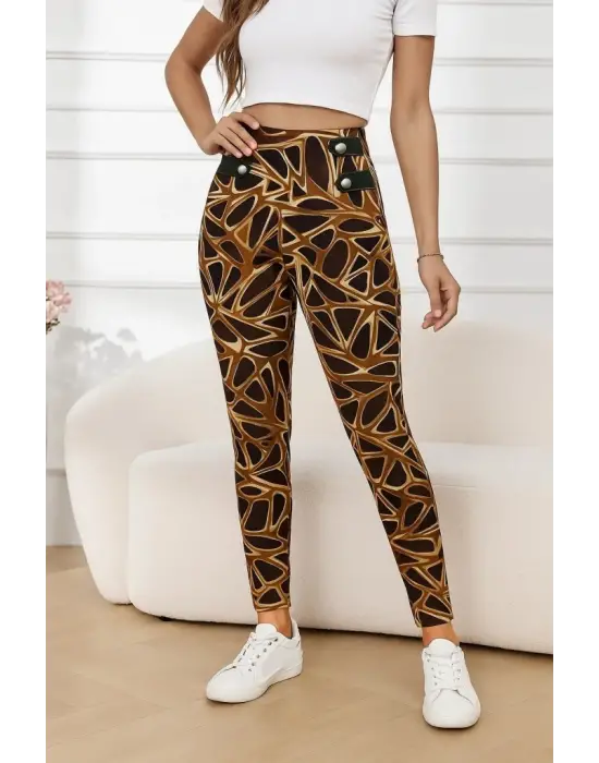 Kadın Yüksek Bel Kaz Ayağı Desenli Yan şerit Düğme Detaylı Dalgıç Pantolon