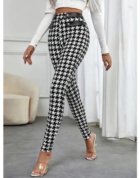 Kadın Kaz Ayağı Desenli Düğme Detaylı Pantolon