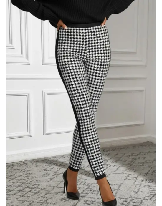 Kadın Yüksek Bel Kaz Ayağı Desenli Yanları şeritli Dalgıç Pantolon