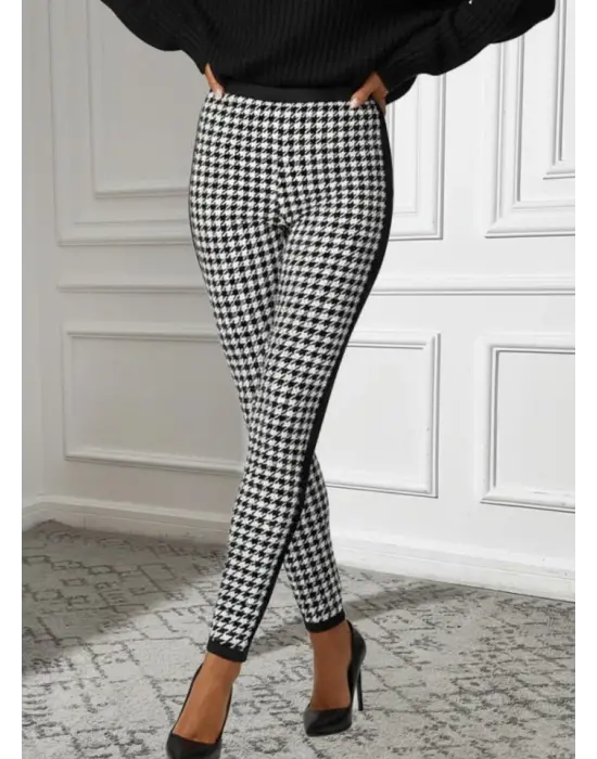 Kadın Yüksek Bel Kaz Ayağı Desenli Yanları şeritli Dalgıç Pantolon