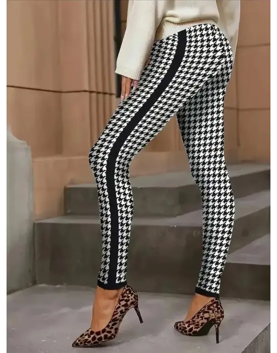 Kadın Yüksek Bel Kaz Ayağı Desenli Yanları şeritli Dalgıç Pantolon