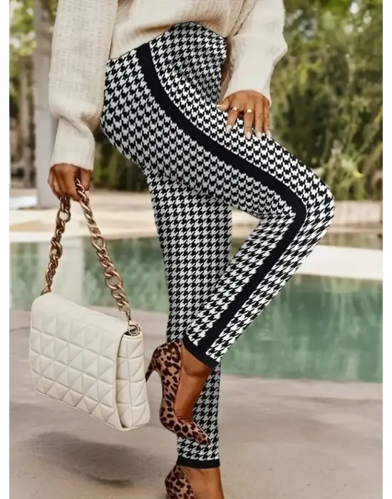 Kadın Yüksek Bel Kaz Ayağı Desenli Yanları şeritli Dalgıç Pantolon