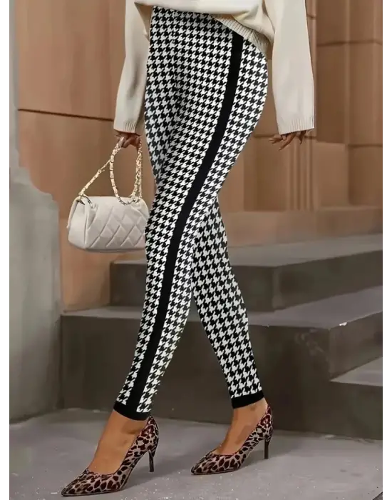 Kadın Yüksek Bel Kaz Ayağı Desenli Yanları şeritli Dalgıç Pantolon