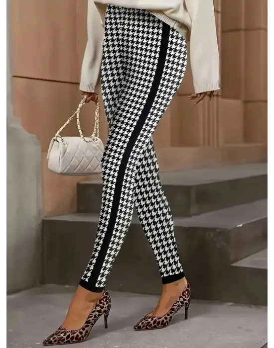 Kadın Yüksek Bel Kaz Ayağı Desenli Yanları şeritli Dalgıç Pantolon