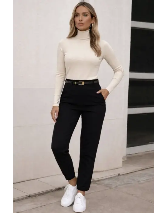 Kadın Yüksek Bel Kemersiz Ithal Krep Pantolon