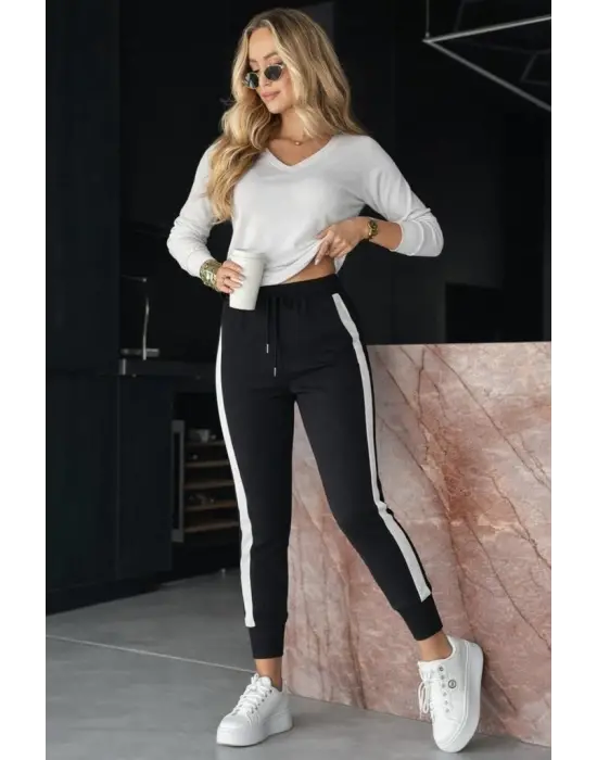 Kadın Yüksek Bel Kuş Gözü Detaylı Bağcıklı Yan şeritli Viskon Iki Iplik Eşofman Altı