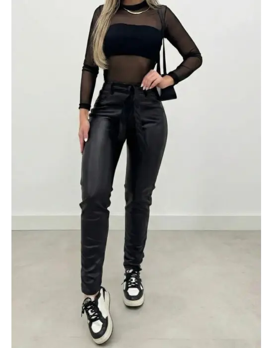 Kadın Yüksek Bel Kuşaklı Deri Pantolon