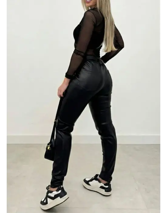 Kadın Yüksek Bel Kuşaklı Deri Pantolon