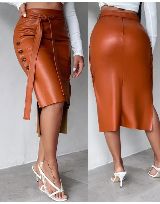 Kadın Yüksek Bel Kuşaklı Yanlardan Düğmeli Mini Deri Etek