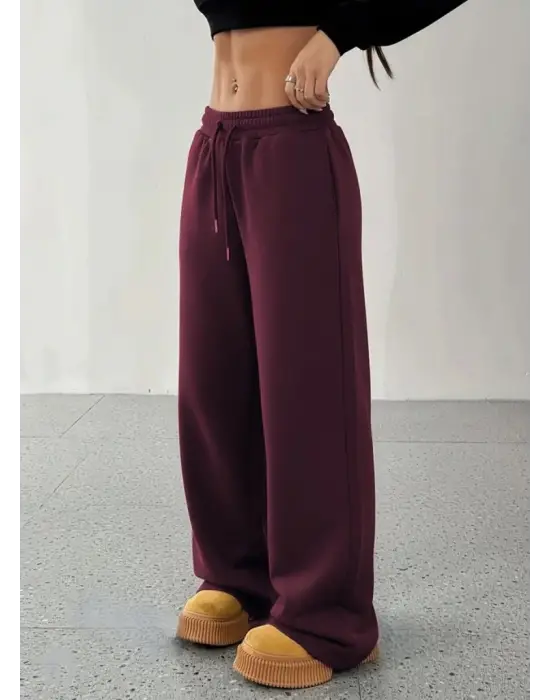 Kadın Yüksek Bel Lastikli Bağcıklı Geniş Kesim Dalgıç Mürdüm Pantolon