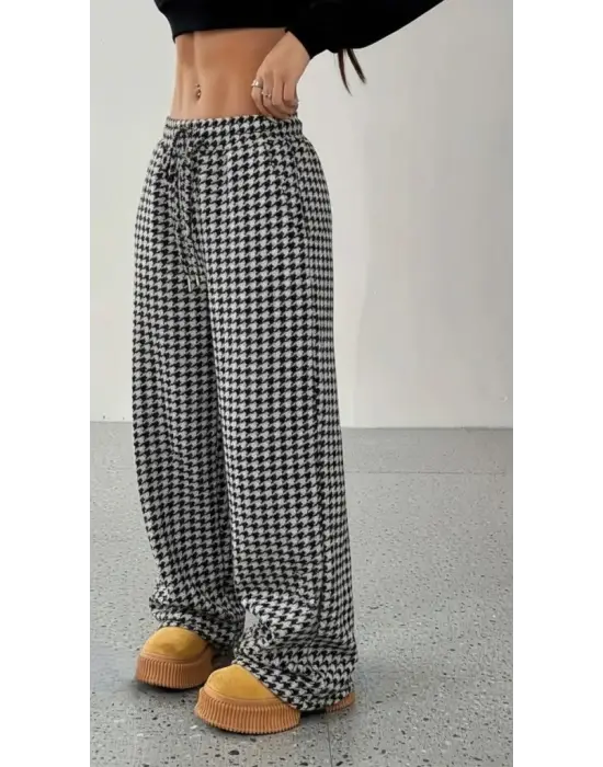 Kadın Yüksek Bel Lastikli Bağcıklı Geniş Kesim Kazayağı Dalgıç Pantolon