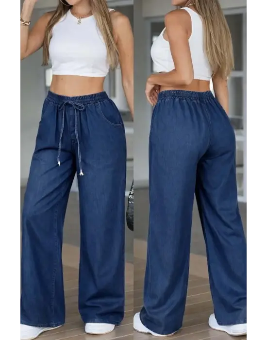 Kadın Yüksek Bel Lastikli Bağcıklı Kot Pantolon