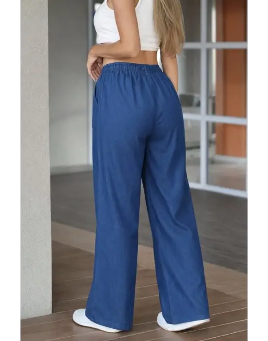 Kadın Yüksek Bel Lastikli Bağcıklı Kot Pantolon