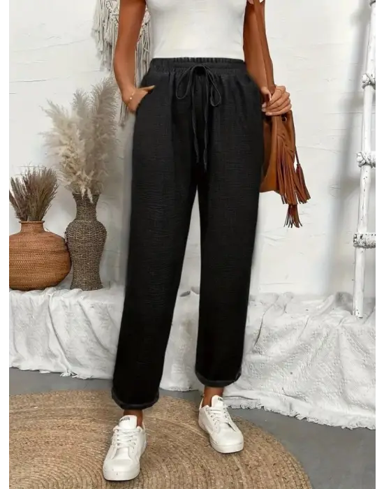 Kadın Yüksek Bel Lastikli Belde Bağcık Detaylı Aerobin Pantolon