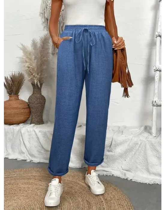 Kadın Yüksek Bel Lastikli Belde Bağcık Detaylı Aerobin Pantolon