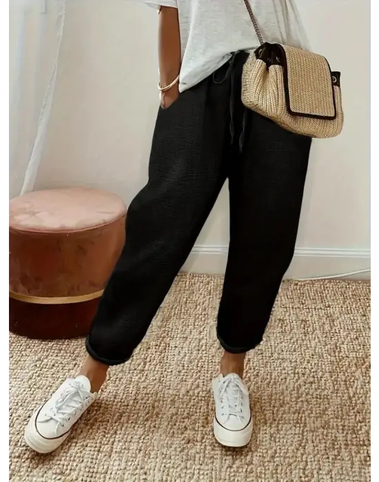 Kadın Yüksek Bel Lastikli Belde Bağcık Detaylı Aerobin Pantolon