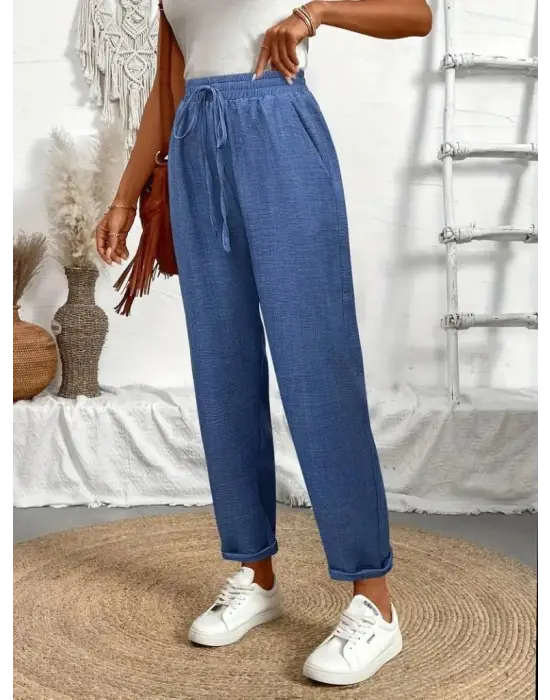 Kadın Yüksek Bel Lastikli Belde Bağcık Detaylı Aerobin Pantolon