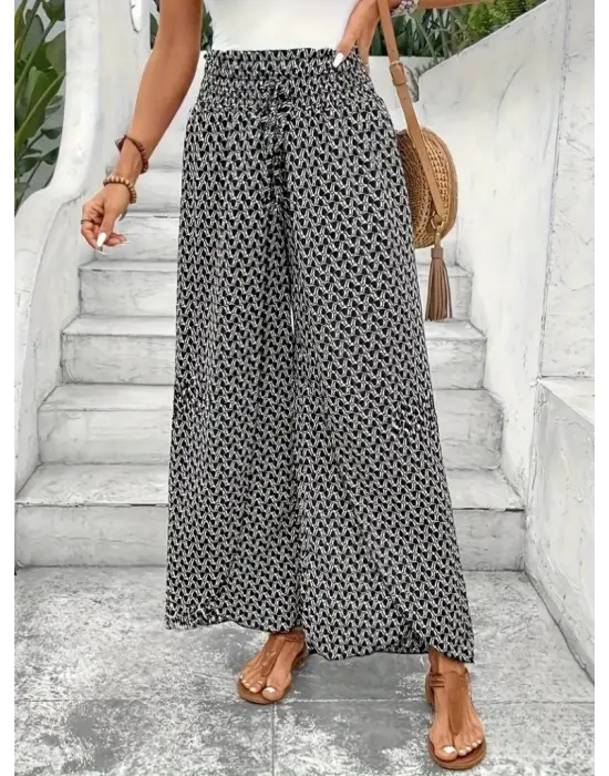 Kadın Yüksek Bel Lastikli önden Iki Parçalı Desenli Bürümcük Pantolon