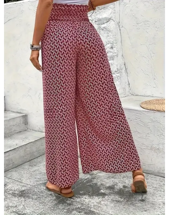 Kadın Yüksek Bel Lastikli önden Iki Parçalı Desenli Bürümcük Pantolon