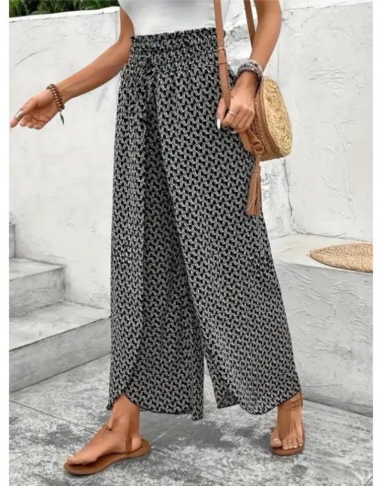 Kadın Yüksek Bel Lastikli önden Iki Parçalı Desenli Bürümcük Pantolon