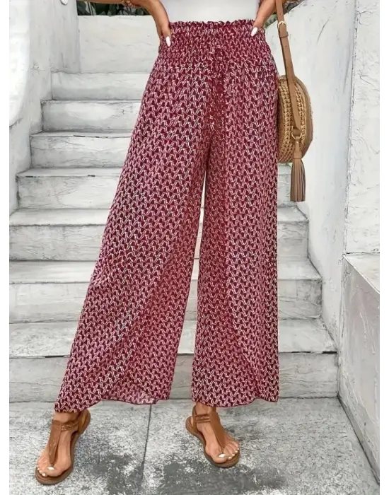 Kadın Yüksek Bel Lastikli önden Iki Parçalı Desenli Bürümcük Pantolon