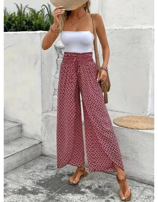 Kadın Yüksek Bel Lastikli önden Iki Parçalı Desenli Bürümcük Pantolon