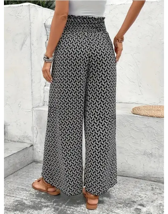 Kadın Yüksek Bel Lastikli önden Iki Parçalı Desenli Bürümcük Pantolon