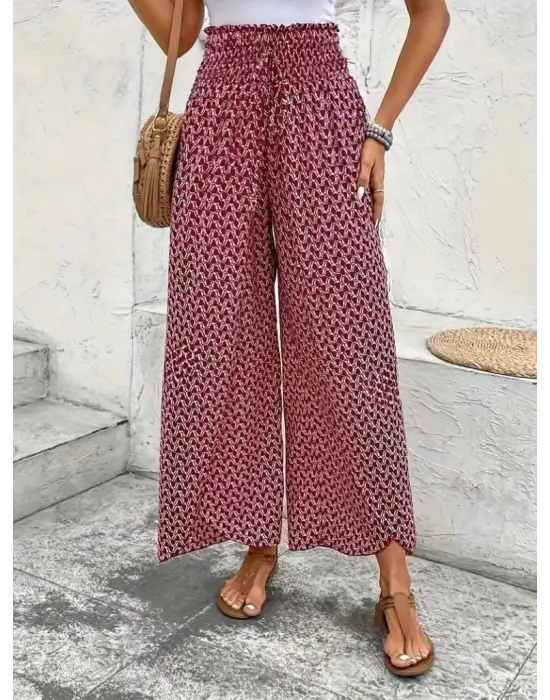 Kadın Yüksek Bel Lastikli önden Iki Parçalı Desenli Bürümcük Pantolon