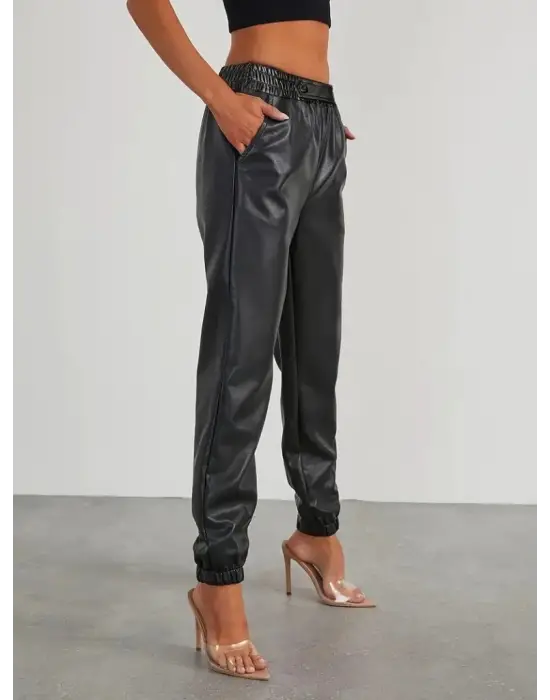 Kadın Yüksek Bel Lastikli önü Düğmeli Deri Pantolon
