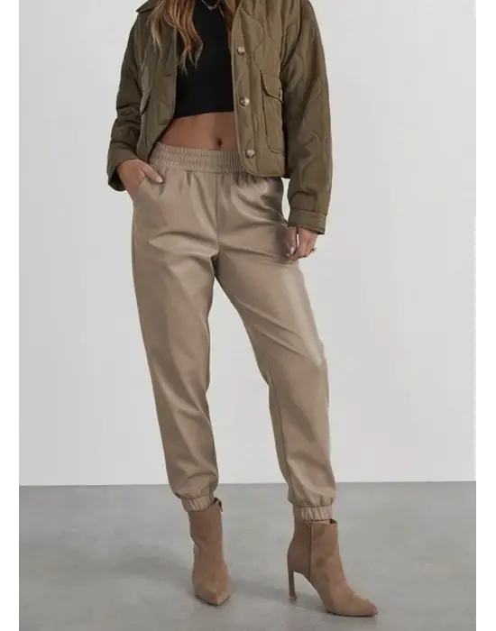 Kadın Yüksek Bel Lastikli önü Düğmeli Deri Pantolon